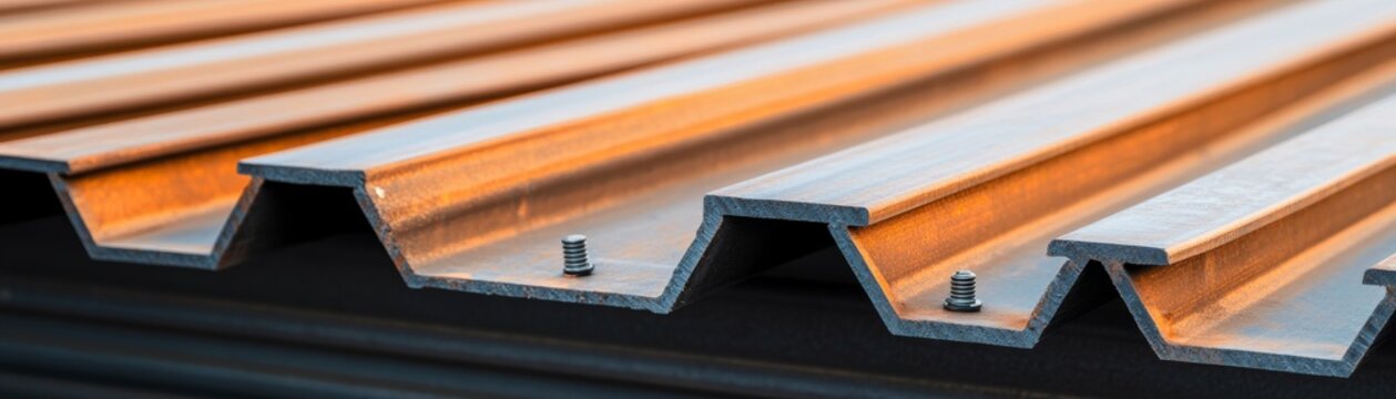 Warm-toned corrugated steel beams, prepped with studs for construction. A rhythmic industrial pattern showcases robust metal materials. Steelwork, Infrastructure