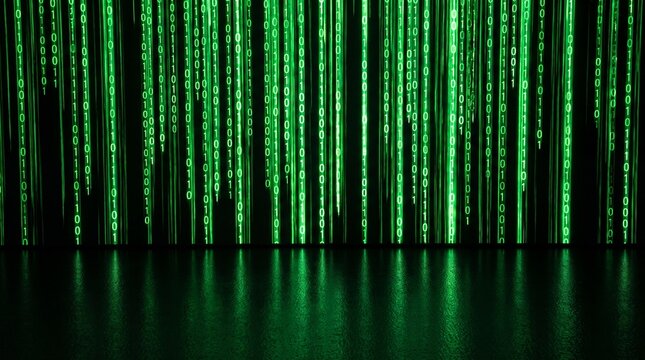 Binary code streams down in a vertical pattern against a dark background with a reflective surface.
