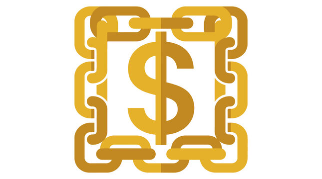 Flat vector icon of golden blockchain chain links forming a block with dollar symbol, modern business tech style, white background