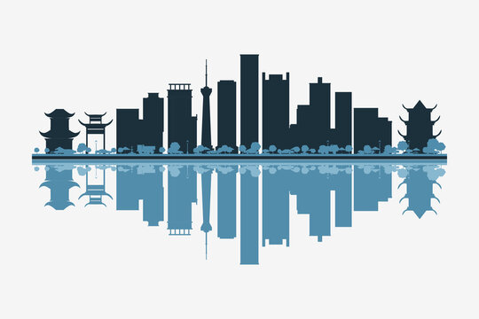 Chengdu, China skyline silhouette with modern landmarks reflection on white background in minimalist style.