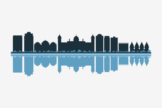 Dhaka, Bangladesh skyline silhouette with modern landmarks reflection on white background in minimalist style.