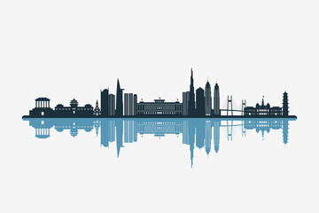 Obraz premium Ho Chi Minh, Vietnam skyline silhouette with modern landmarks reflection on white background in minimalist style.
