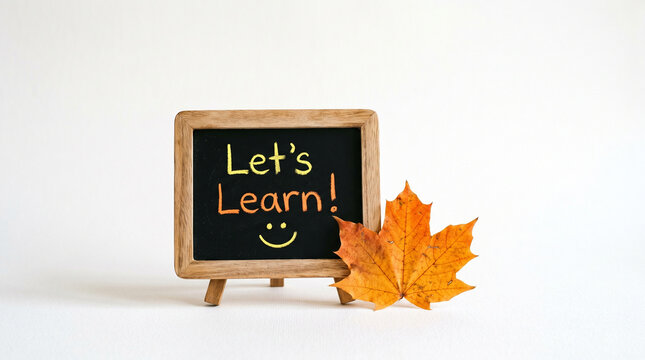 A small chalkboard on an easel with Let's Learn! text and a smiley face. An autumn maple leaf lies next to it on a white background. Back to school concept.