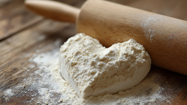 Heart-shaped dough with flour and wooden rolling pin on a rustic wood table, ready for baking sweet treats or homemade bread
