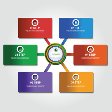 Flat design circular flowchart with six numbered steps, colorful segments, and simple icons on a white background.