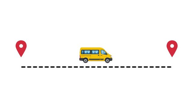 Yellow delivery van traveling between two red location markers