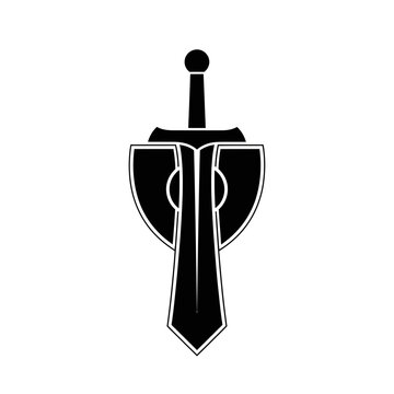 Black sword and shield emblem icon.