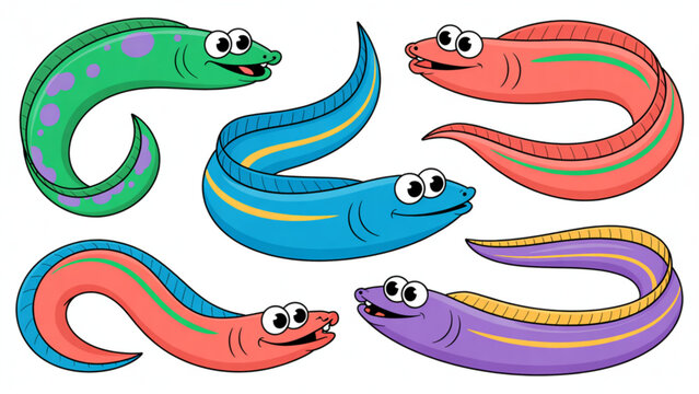 Cute Cartoon Eel Outline Collection &ndash; Underwater Ocean Adventure Vector Pack
