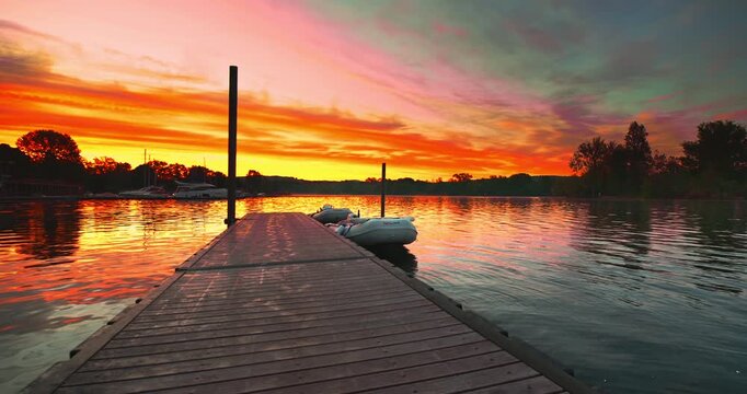 Fantastic sunrise over the Angera pier on lake Maggiore in Italy.