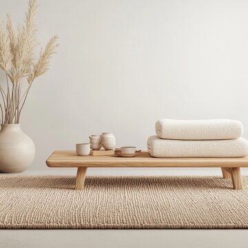 Earthy Spa and Wellness Scene Minimalist interior with a wooden bench, stacked white towels, ceramic accents, pampas grass vase and textured rug. Serene, Japandi