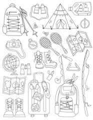 Fototapeta premium Camping-Themed Coloring Page Featuring A Tent, Campfire, And Other Nature Getaway Attributes