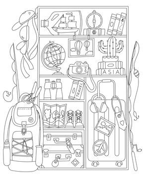 Travel-Themed Coloring Page In Progress With A Mezzanine Of Items For Relaxation And Nature Trips