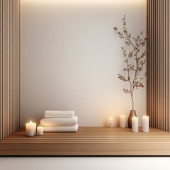 Minimalist Japandi Zen Warm wood platform, white towels, glowing candles and dried branch create a tranquil spa relaxation space. Spa, Japandi