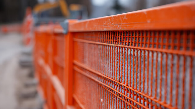 Vibrant orange safety barrier fencing stands guard at a construction or roadwork site, ensuring safety and managing access to the area