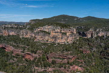 Obraz premium High-resolution landscape shot of dramatic geological formations, featuring sheer rock walls and pine-covered ridges under a clear blue sky.