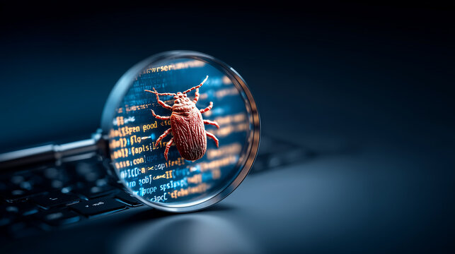 A magnifying glass revealing a digital bug over software code representing malware investigation, vulnerability detection, cybersecurity analysis, and hidden system threats.
