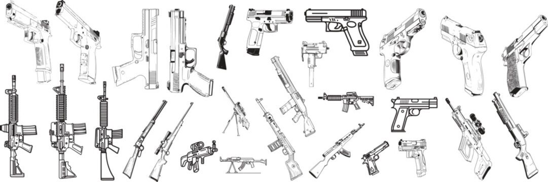 Assorted Firearms Gun Collection Handguns Rifles Shotguns Vector Bundle