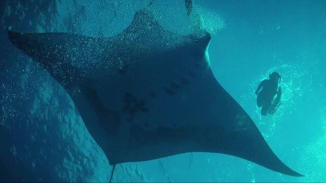 Massive manta ray gracefully swimming in the ocean with a diver observing its peaceful movement