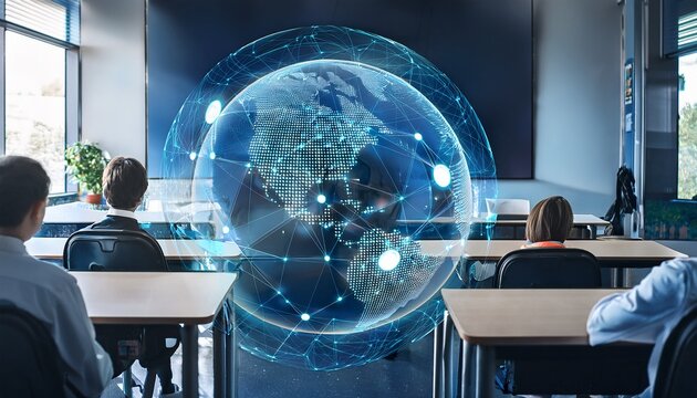futuristic classroom featuring student and global connectivity interface