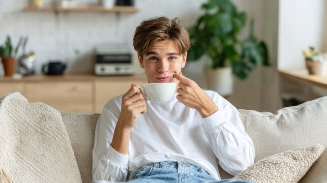 Teenage boy sitting on sofa with warm drink and touching cheek at home. Young man with sensitive tooth or mild dental discomfort indoors. Youth lifestyle and oral healthcare concept.