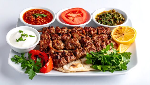 A plate showcases grilled kebabs, fresh herbs, tomato, lemon, sauces, and a flatbread on a white serving plate, offering a vibrant culinary experience