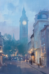 Naklejka premium London cityscape painting illustrating evening fog with Houses of Parliament, clock tower, and street lights