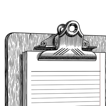 Clipboard with paper and metal clip.