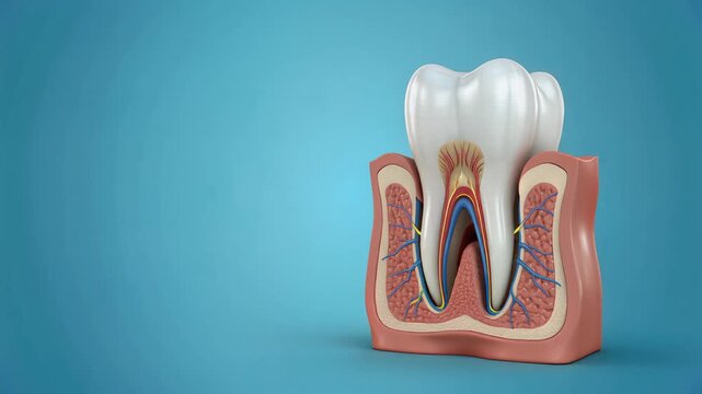 Detailed cross-section of a human tooth showing nerves and blood vessels pulsating with inflammation, 3D animation, medical educational graphic, representing dental pain and disease