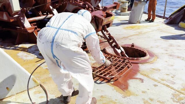 ship bosun wear protective clothes and paint by paint spray gun anchor gear at forecastle. use epoxy marine paint. team work of the ship crew.