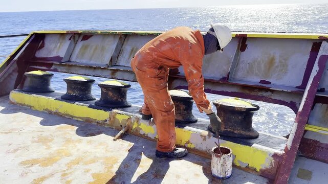 seafarer, able seaman pain mooring rollers of cargo ship by paint roller. maintenance of vessel's mooring station. sailors job. crew work and profession