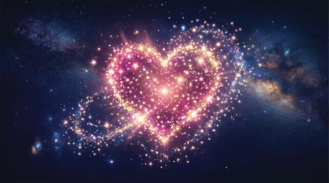 Glowing Heart of Light Formed by Cosmic Sparks Floating in Space.
