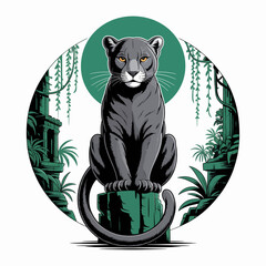 Gray Panther Sitting on Rock Formation. © Badak