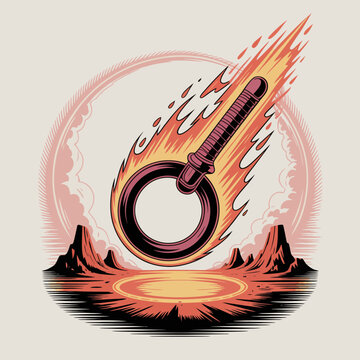 Flaming sword with circular blade burning.