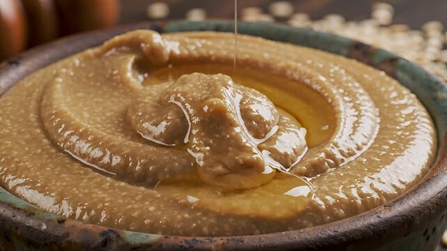Delicious Tahini Sauce Being Poured into a Bowl.