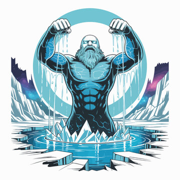 Muscular bearded man in icy water.