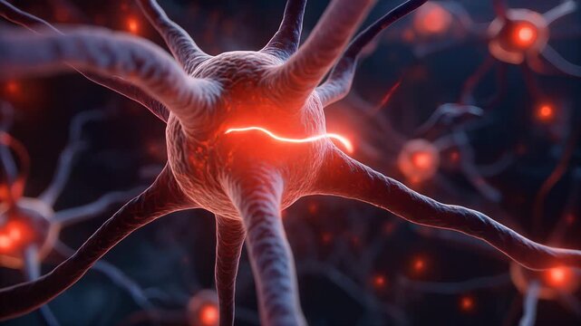 Dynamic neural network animation with pulsating glowing synapses and interconnected neurons, zooming out in a dark, abstract biological environment, symbolizing brain activity, consciousness