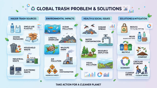 Infographic illustrating global trash problem and practical solutions for cleaner planet.