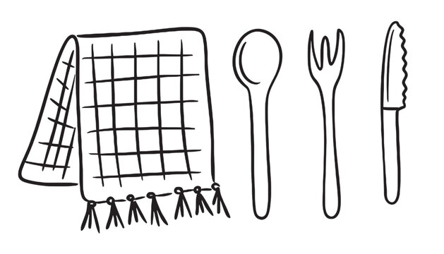 Tablecloth set with black grid pattern and tassels, utensils featuring spoon, fork, knife with dining and table setting elements for illustration,