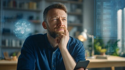 Naklejka premium A Caucasian man sits at a table in a bright room