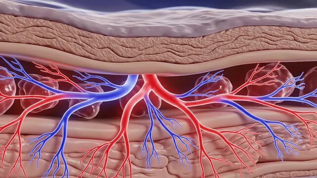 Anatomical Cross Section of Human Skin Tissue with Detailed Blood Vessels Illustrating Vascular Circulation in Medical Graphics