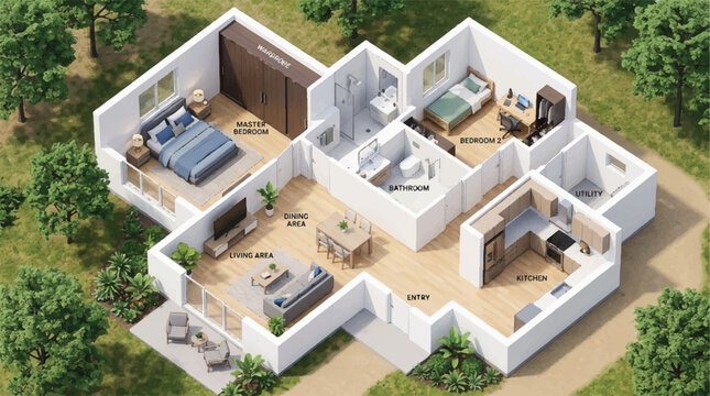 Modern single-story house interior cutaway architectural floor plan visualization.