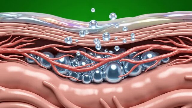 Anatomical Illustration of Skin Layers with Blood Vessels and Bubbles on Green Background for Health and Medical Visualization