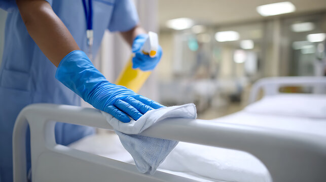 Medical professional in blue uniform and protective gloves carefully cleans a white hospital bed rail with spray and cloth, focusing on hygiene in a healthcare facility
