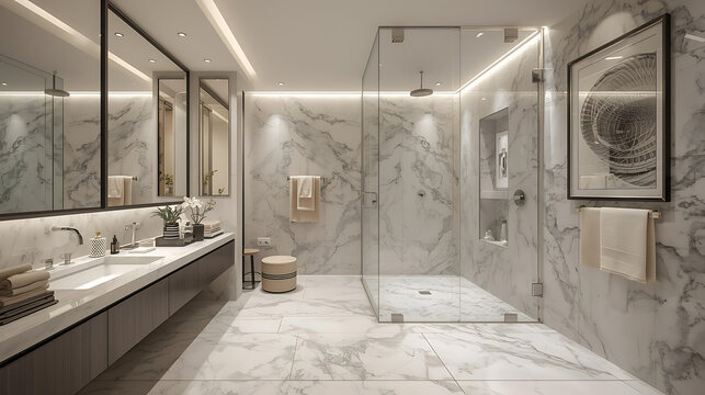 Luxurious Modern Marble Bathroom Interior Design. Elegant Home Decor with Glass Shower, Double Vanity, Illuminated Mirrors & Ambient Lighting. Contemporary House Architecture.