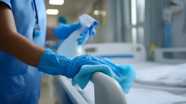 Medical professional in blue scrubs and gloves meticulously sanitizes a hospital bed rail with spray and cloth, ensuring a clean patient environment