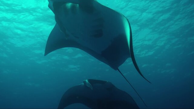 Pair of giant oceanic manta rays swimming gracefully in the deep blue sea with sun rays