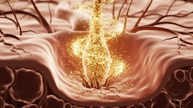 Artistic Representation of a Hair Follicle in Skin Layers Glowing with Golden Particles Symbolizing Beauty and Health