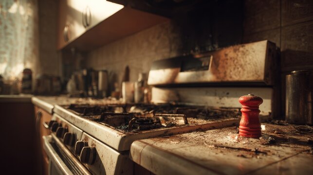 Damaged kitchen countertop with burnt appliances after fire incident in a home in the morning