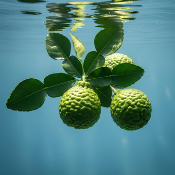 Underwater view of fresh green kaffir limes with leaves citrus fruit.