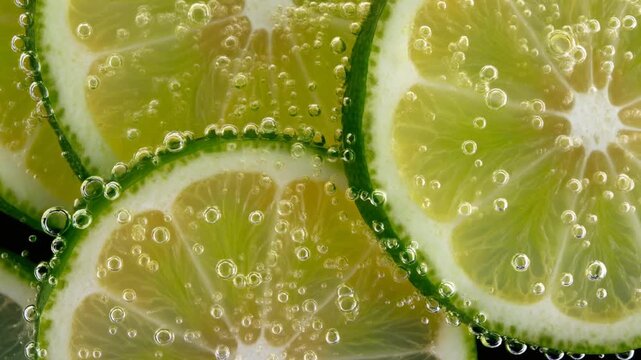 Fresh lime slices with water droplets close-up